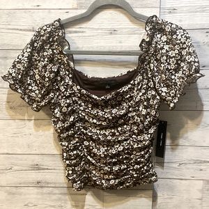 Moa Moa rouched brown and white floral top blouse NWT